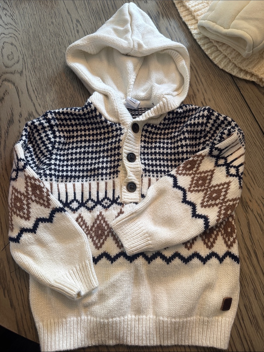 Janie and Jack Cream Hooded Sweater with Navy & Brown Fair Isle